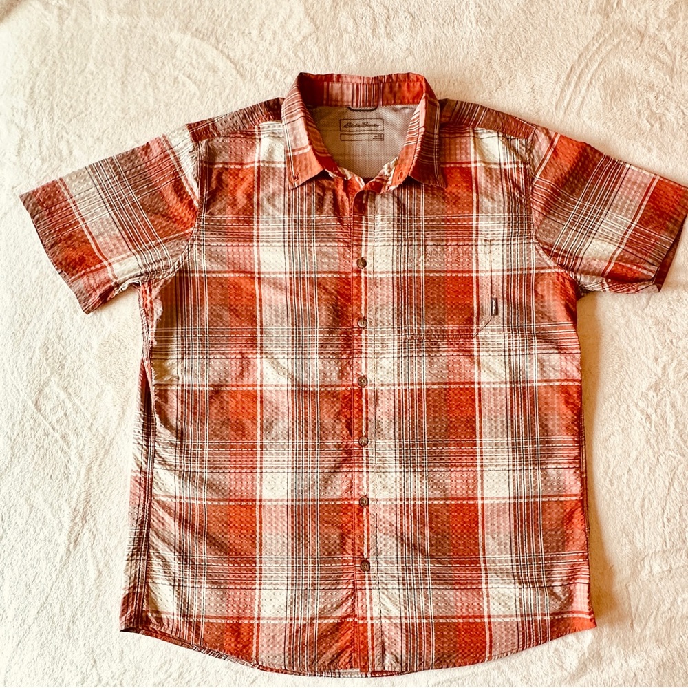 Eddie Bauer Men's Burnt Orange and Beige Plaid Textured Performance Shirt XLT